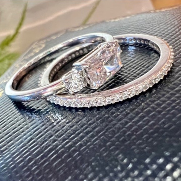 Swarovski Ring Set 2 Rings Silver White Rhodium Unique Cut/Eternity Band - Picture 10 of 14